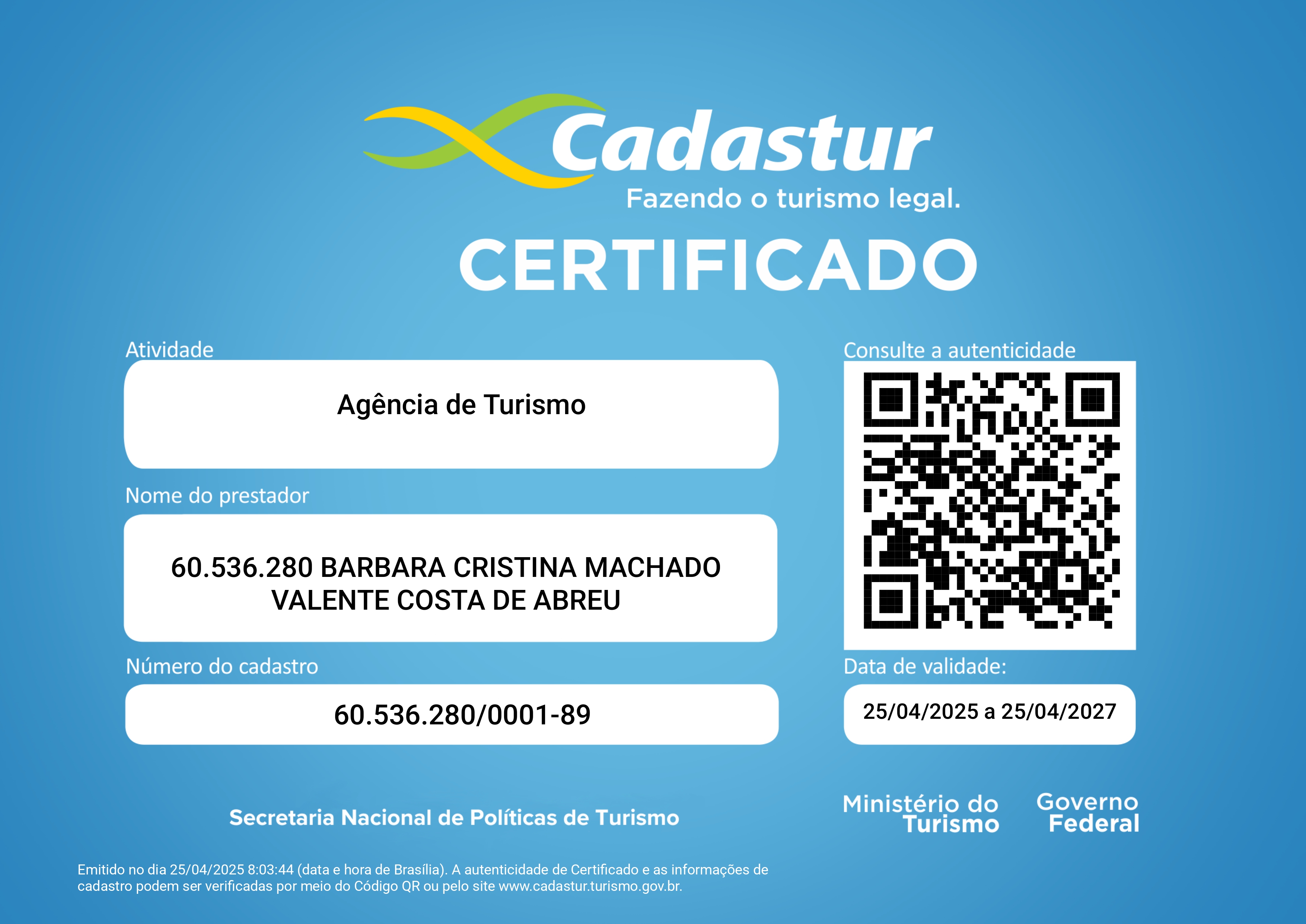 Certificado Cadastur — Viajando com a Babi